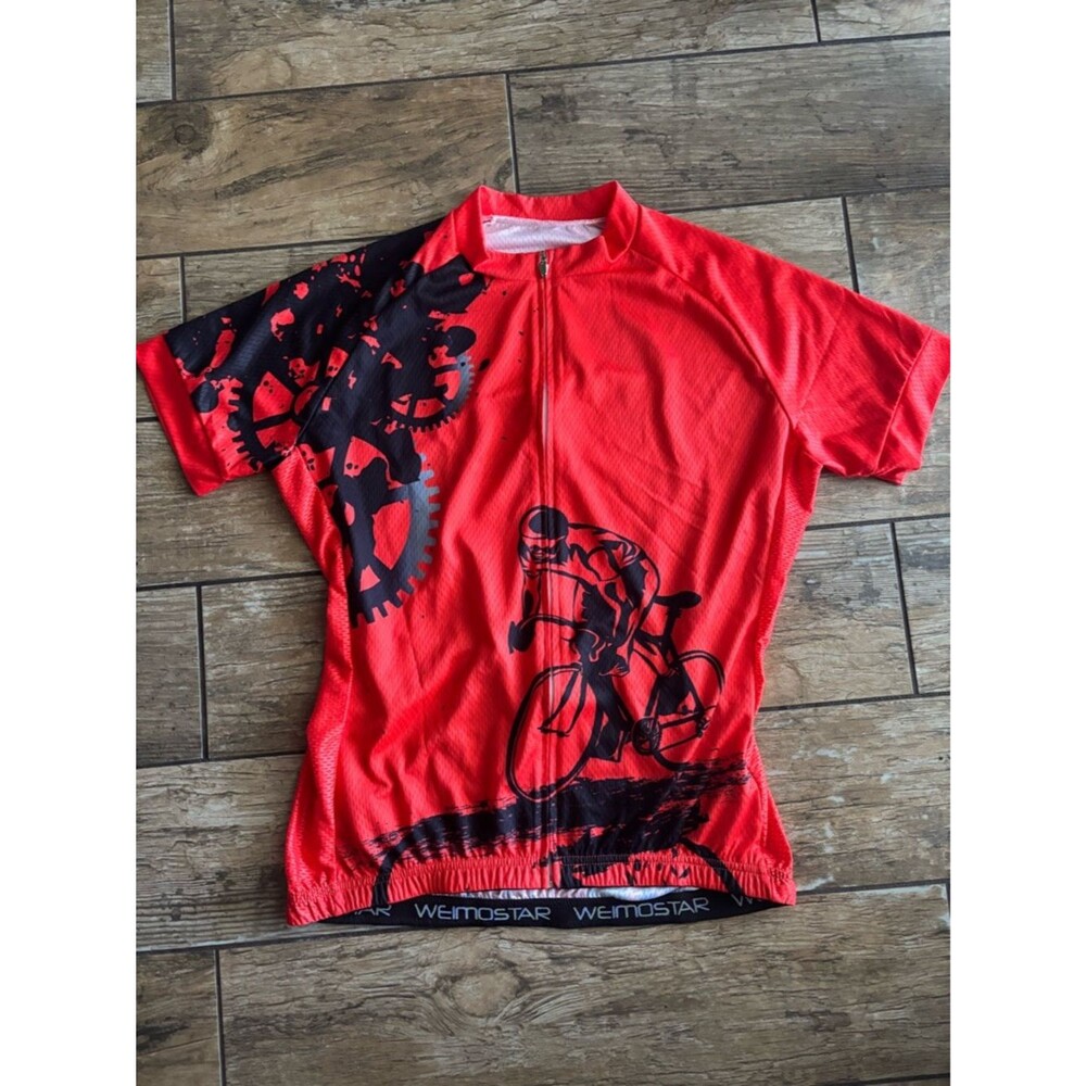 Weimostar Red Cycling Jersey with Black Bike Graphic Sz Full Zip XL Unisex